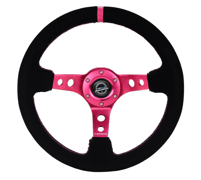 NRG 350mm Steering Wheel | Holes Spoke Suede | Fushcia Centre