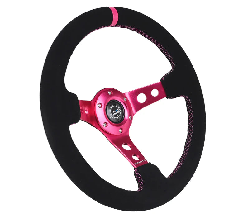 NRG 350mm Steering Wheel | Holes Spoke Suede | Fushcia Centre