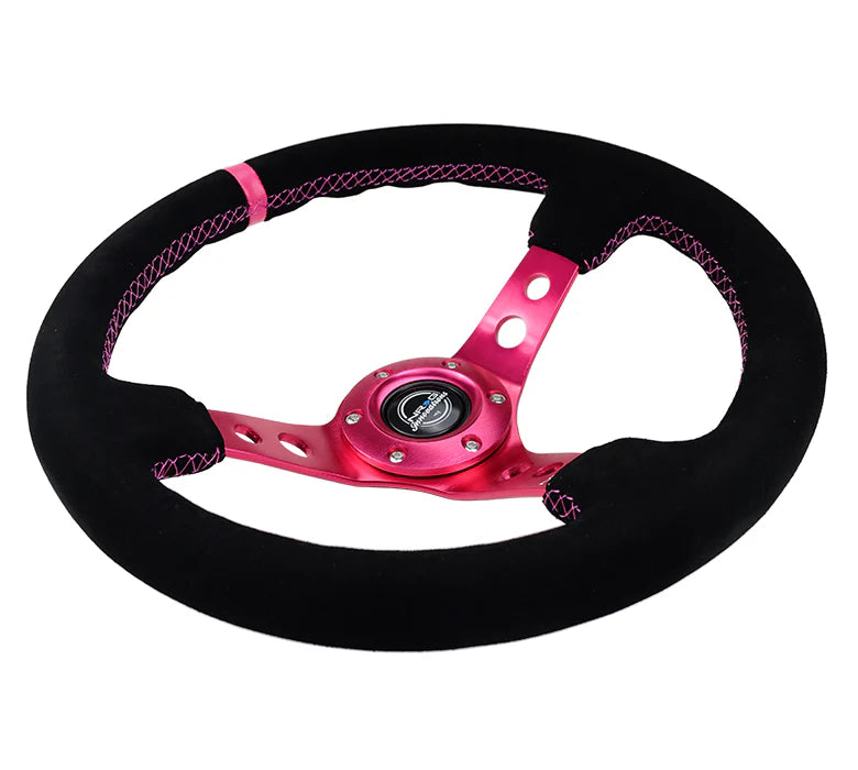 NRG 350mm Steering Wheel | Holes Spoke Suede | Fushcia Centre